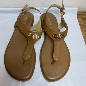 MICHAEL Michael Kors Plate Thong Sling Back Leather Sandals Size 8.5M Tan Brown